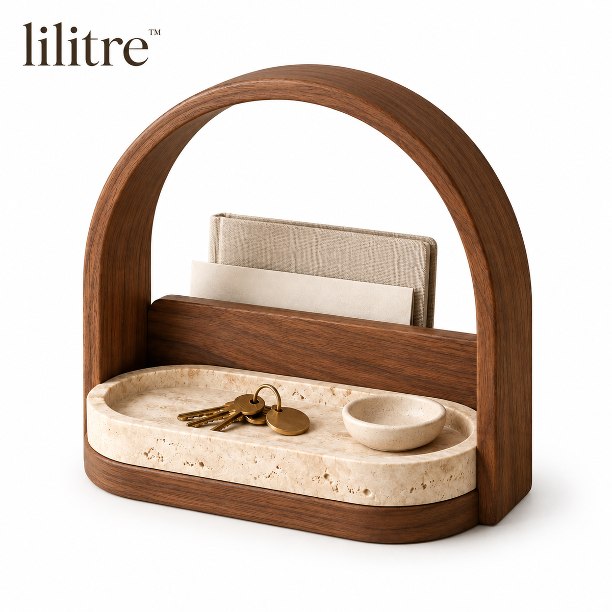 lilitre™ Arched Walnut Entryway Organizer with Travertine Catchall Tray - White background image