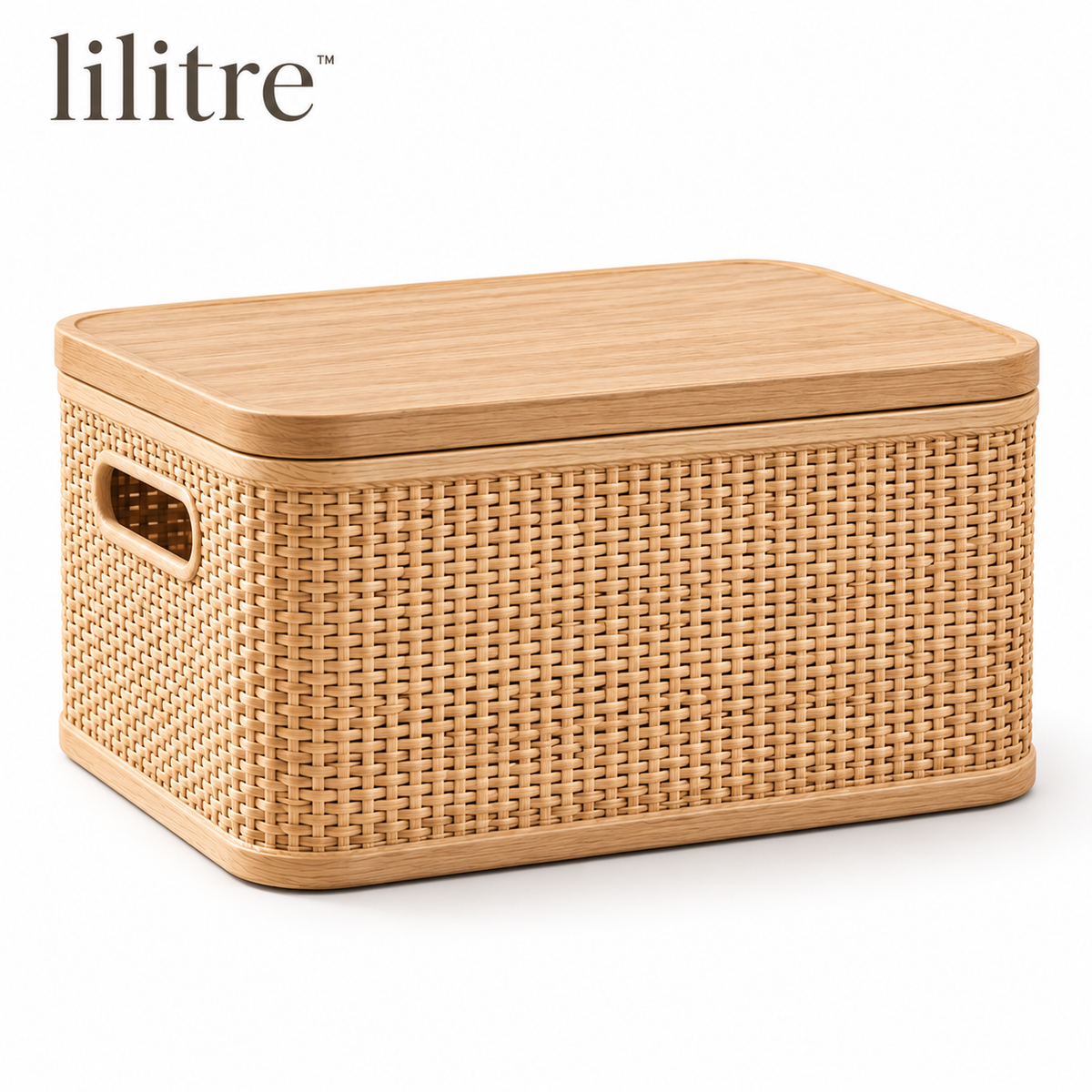 lilitre™ Handwoven Rattan Storage Box with Oak Lid & Side Handles - White background image