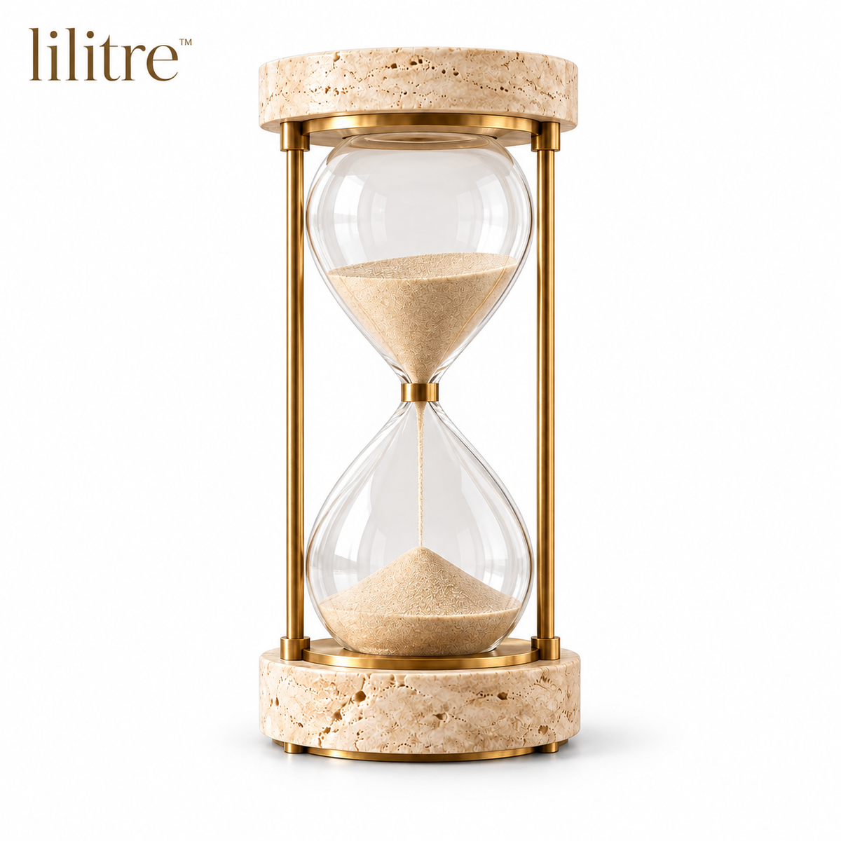 lilitre™ Travertine & Brushed Brass Hourglass Sculpture - White background image