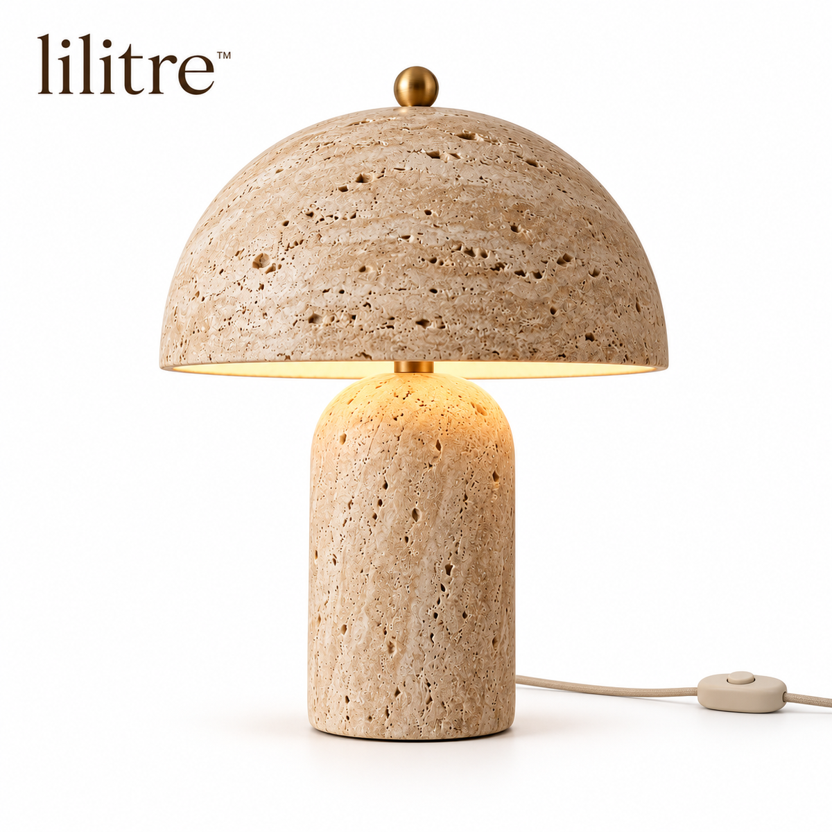 lilitre™ Travertine Mushroom Table Lamp with Warm Ambient Glow - White background image