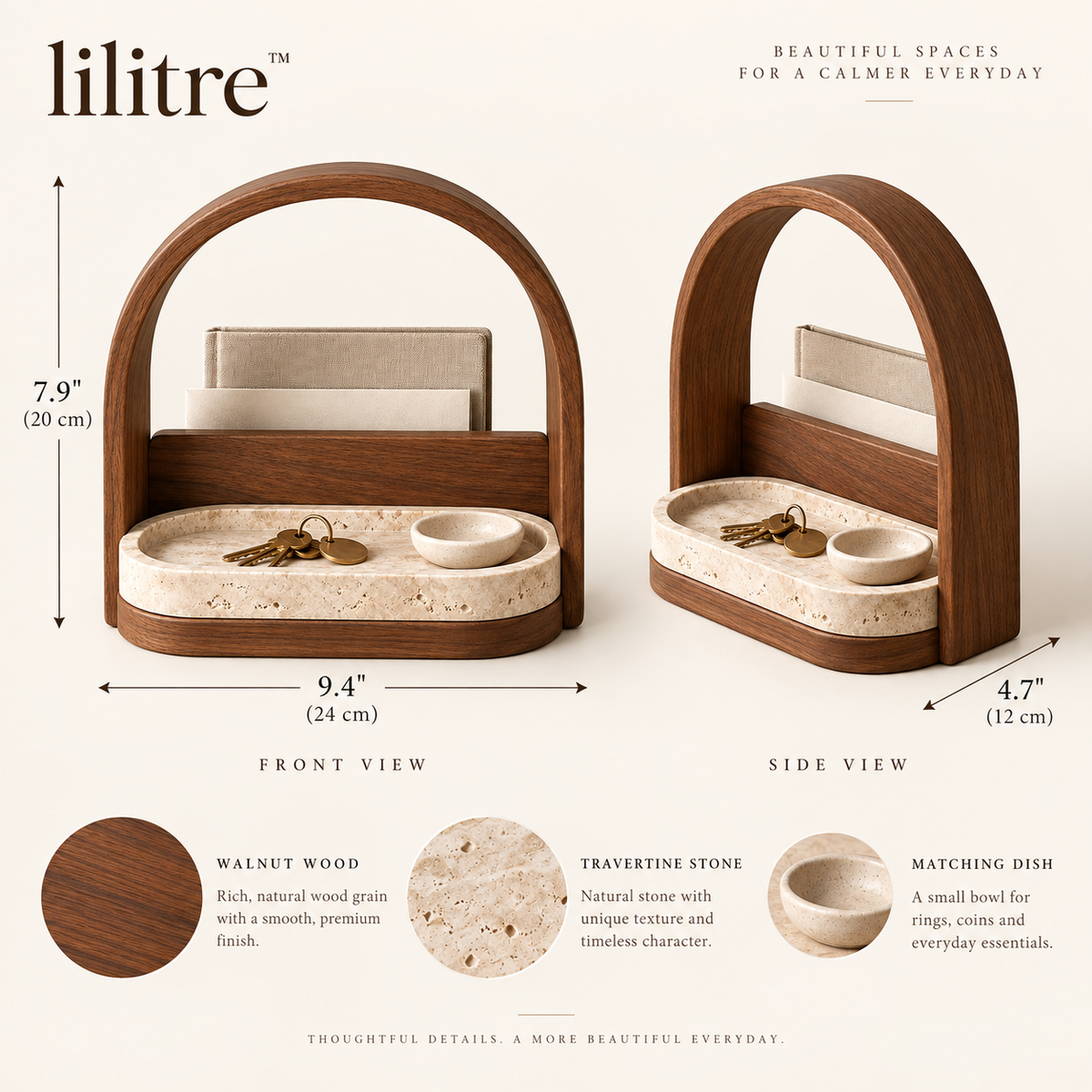 lilitre™ Arched Walnut Entryway Organizer with Travertine Catchall Tray - Dimensions image