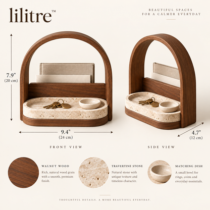 lilitre™ Arched Walnut Entryway Organizer with Travertine Catchall Tray - Dimensions image