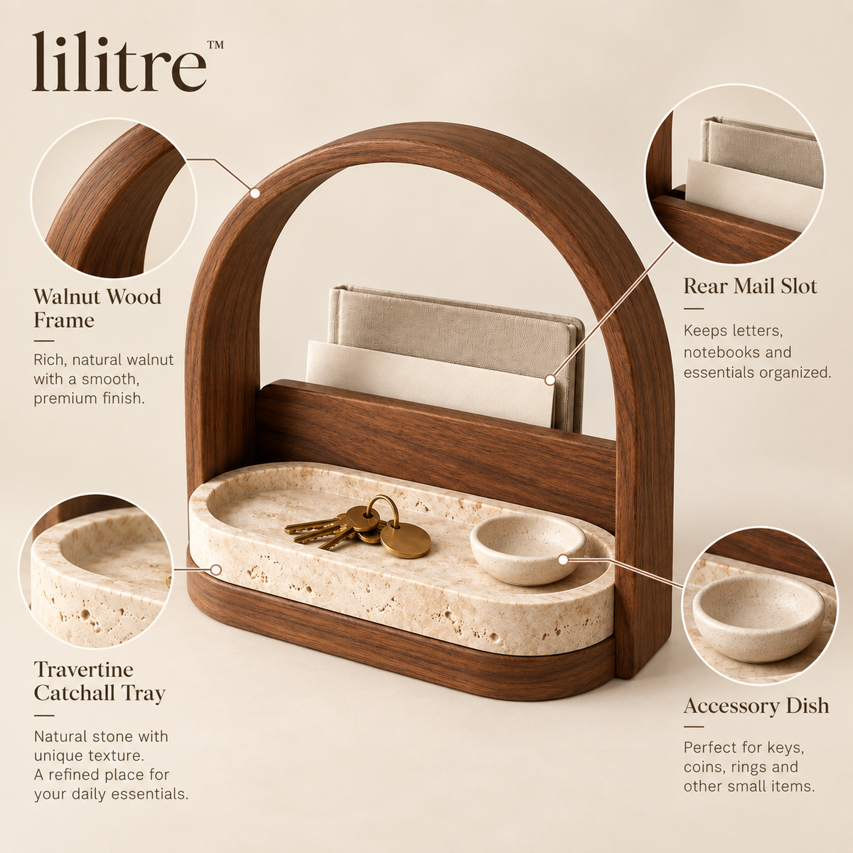 lilitre™ Arched Walnut Entryway Organizer with Travertine Catchall Tray - Features image