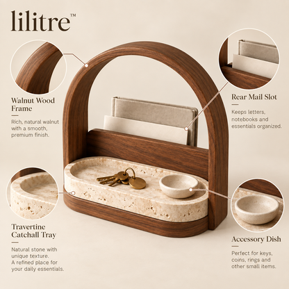 lilitre™ Arched Walnut Entryway Organizer with Travertine Catchall Tray - Features image