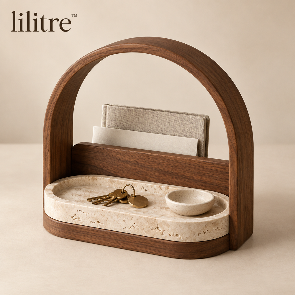 lilitre™ Arched Walnut Entryway Organizer with Travertine Catchall Tray - Main product image