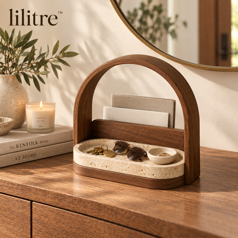 lilitre™ Arched Walnut Entryway Organizer with Travertine Catchall Tray - Lifestyle scene