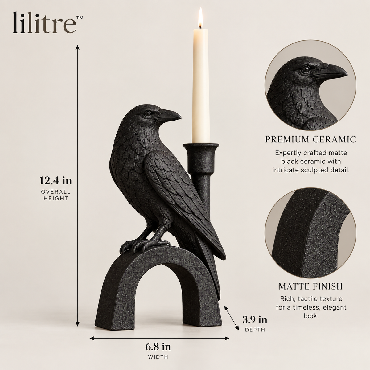 lilitre™ Gothic Raven Taper Candle Holder Sculpture - Dimensions image