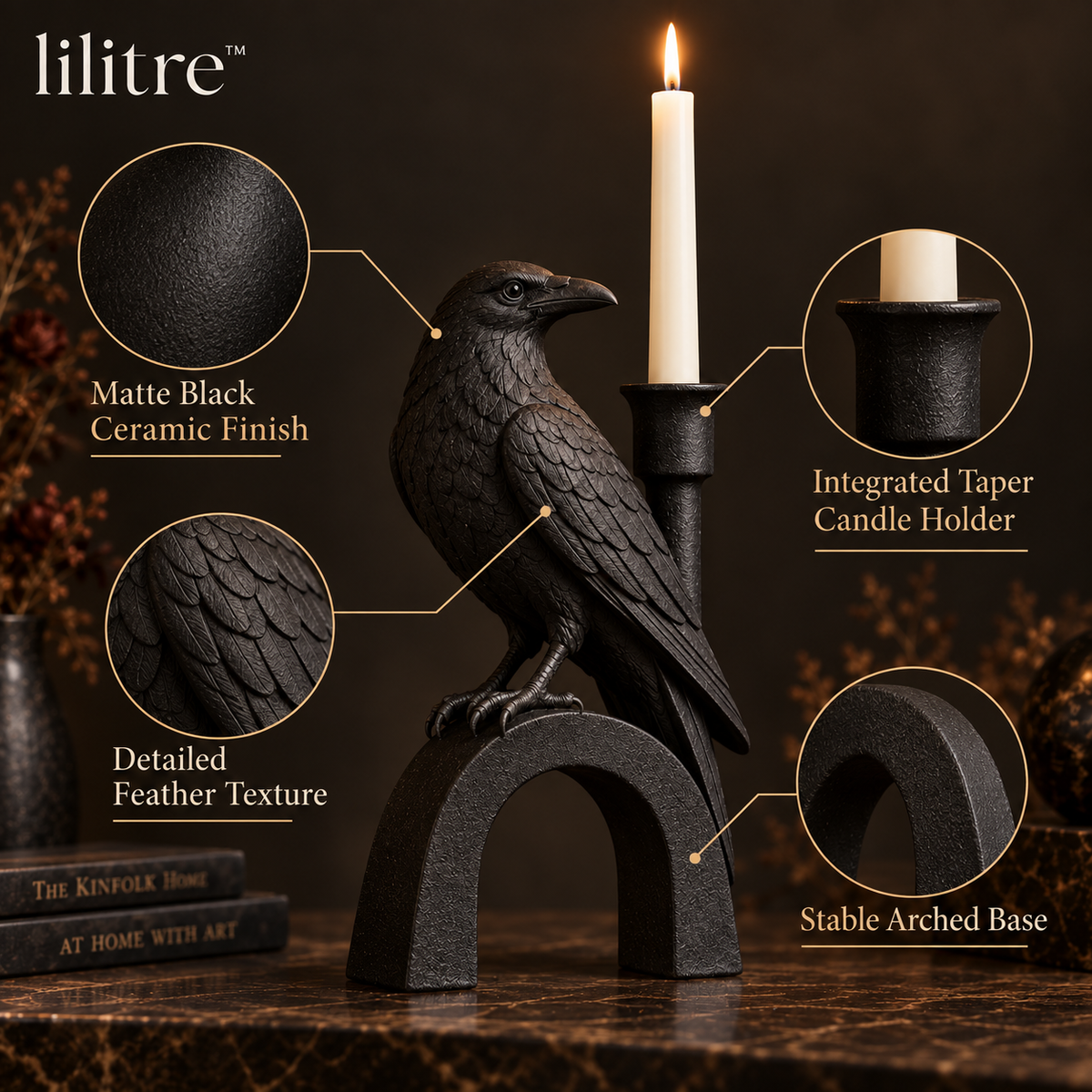 lilitre™ Gothic Raven Taper Candle Holder Sculpture - Features image