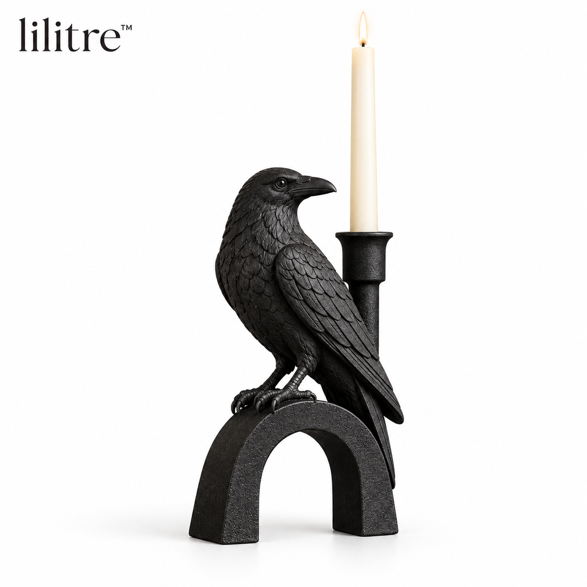 lilitre™ Gothic Raven Taper Candle Holder Sculpture - White background image