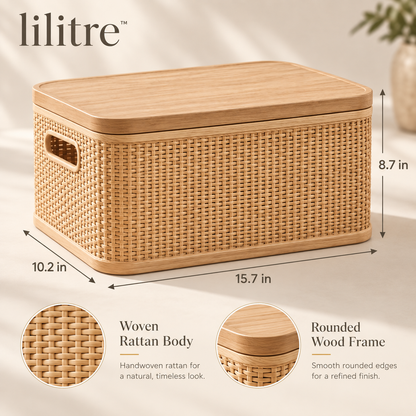 lilitre™ Handwoven Rattan Storage Box with Oak Lid & Side Handles - Dimensions image