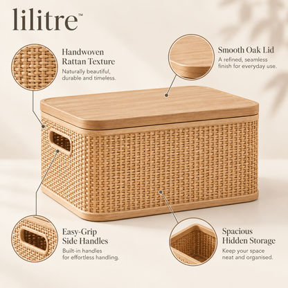 lilitre™ Handwoven Rattan Storage Box with Oak Lid & Side Handles - Features image