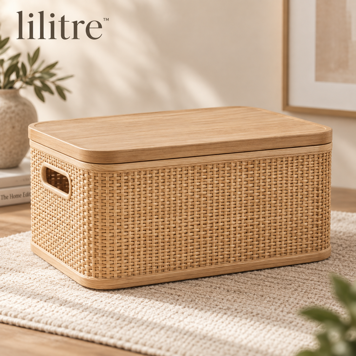 lilitre™ Handwoven Rattan Storage Box with Oak Lid & Side Handles - Main product image