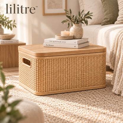 lilitre™ Handwoven Rattan Storage Box with Oak Lid & Side Handles - Lifestyle scene