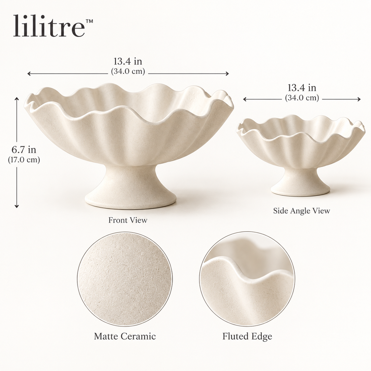 lilitre™ Sculptural Fluted Ceramic Pedestal Centerpiece Bowl - Dimensions image
