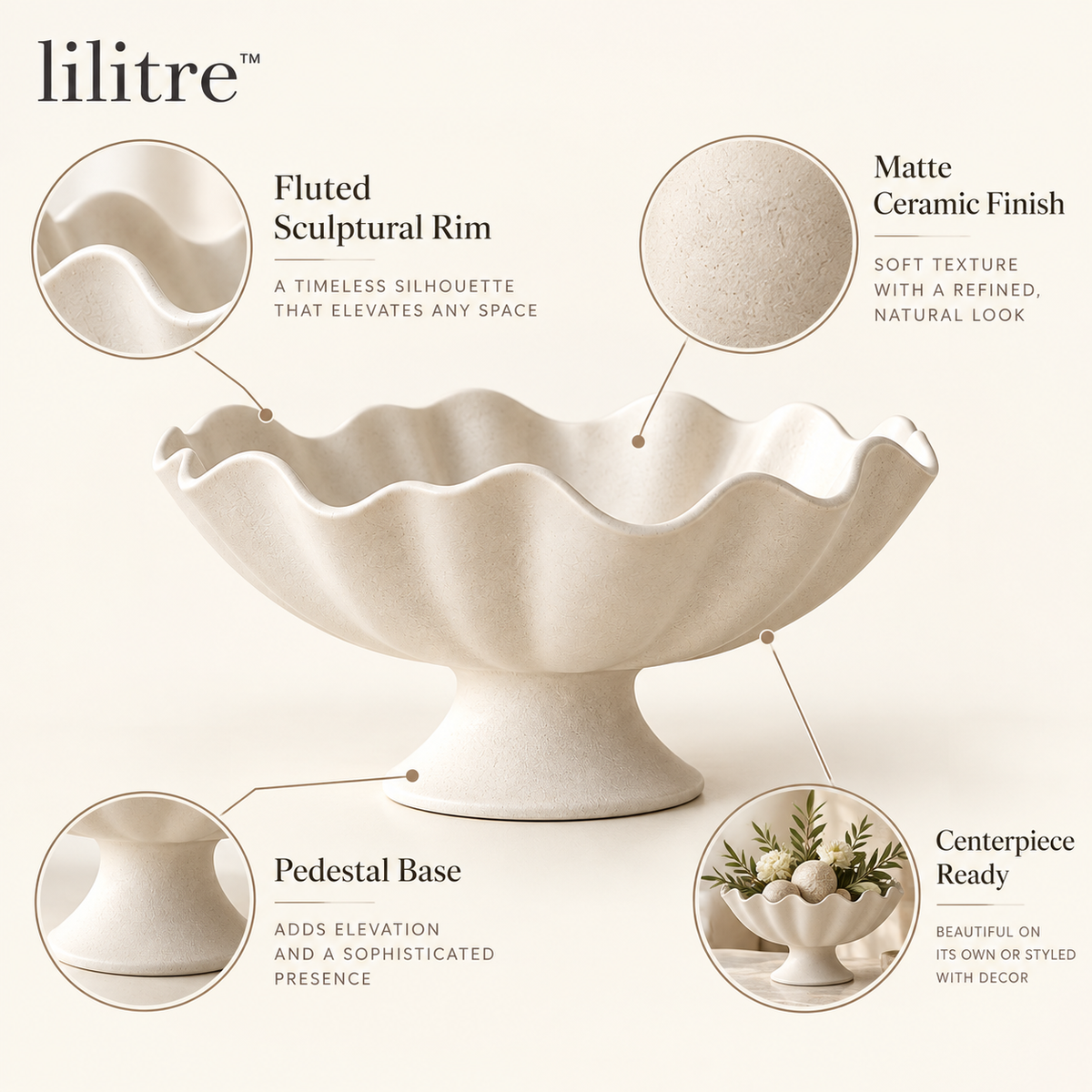 lilitre™ Sculptural Fluted Ceramic Pedestal Centerpiece Bowl - Features image