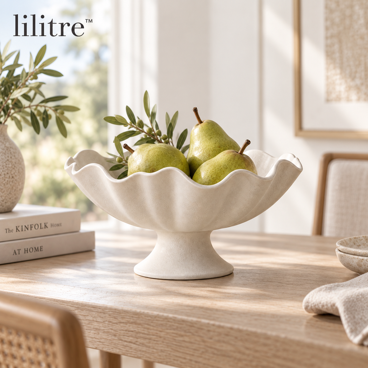 lilitre™ Sculptural Fluted Ceramic Pedestal Centerpiece Bowl - Lifestyle scene