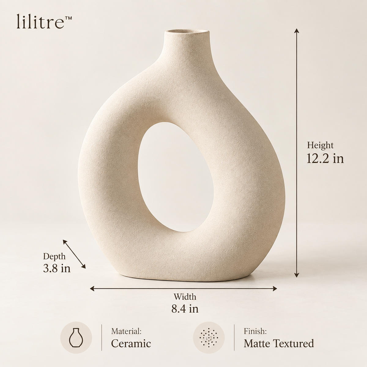 lilitre™ Sculptural Hollow Ceramic Vase – Matte Ivory Decorative Accent - Dimensions image