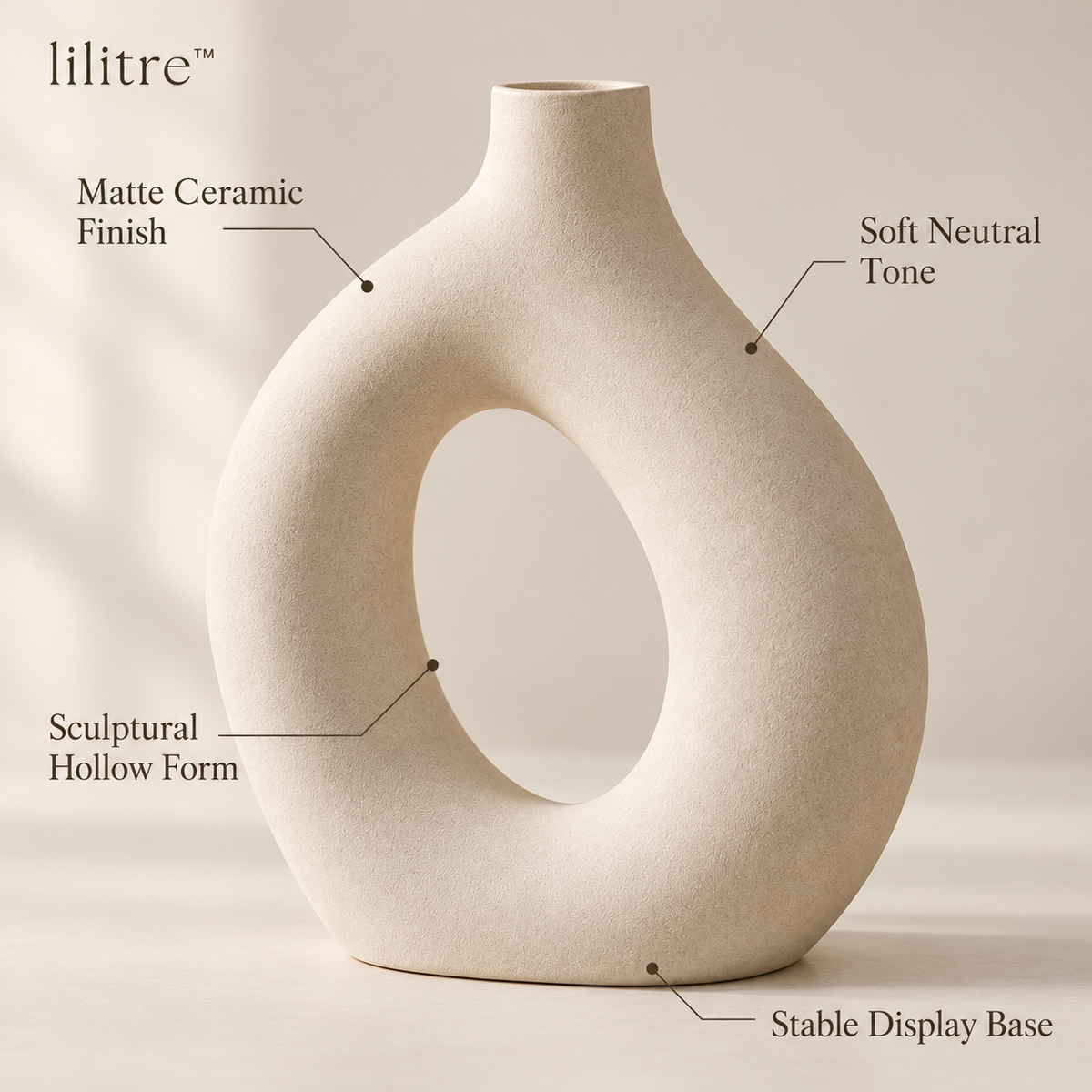 lilitre™ Sculptural Hollow Ceramic Vase – Matte Ivory Decorative Accent - Features image