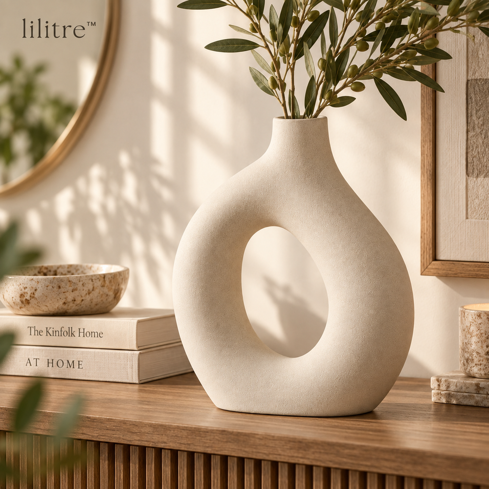 lilitre™ Sculptural Hollow Ceramic Vase – Matte Ivory Decorative Accent - Lifestyle scene