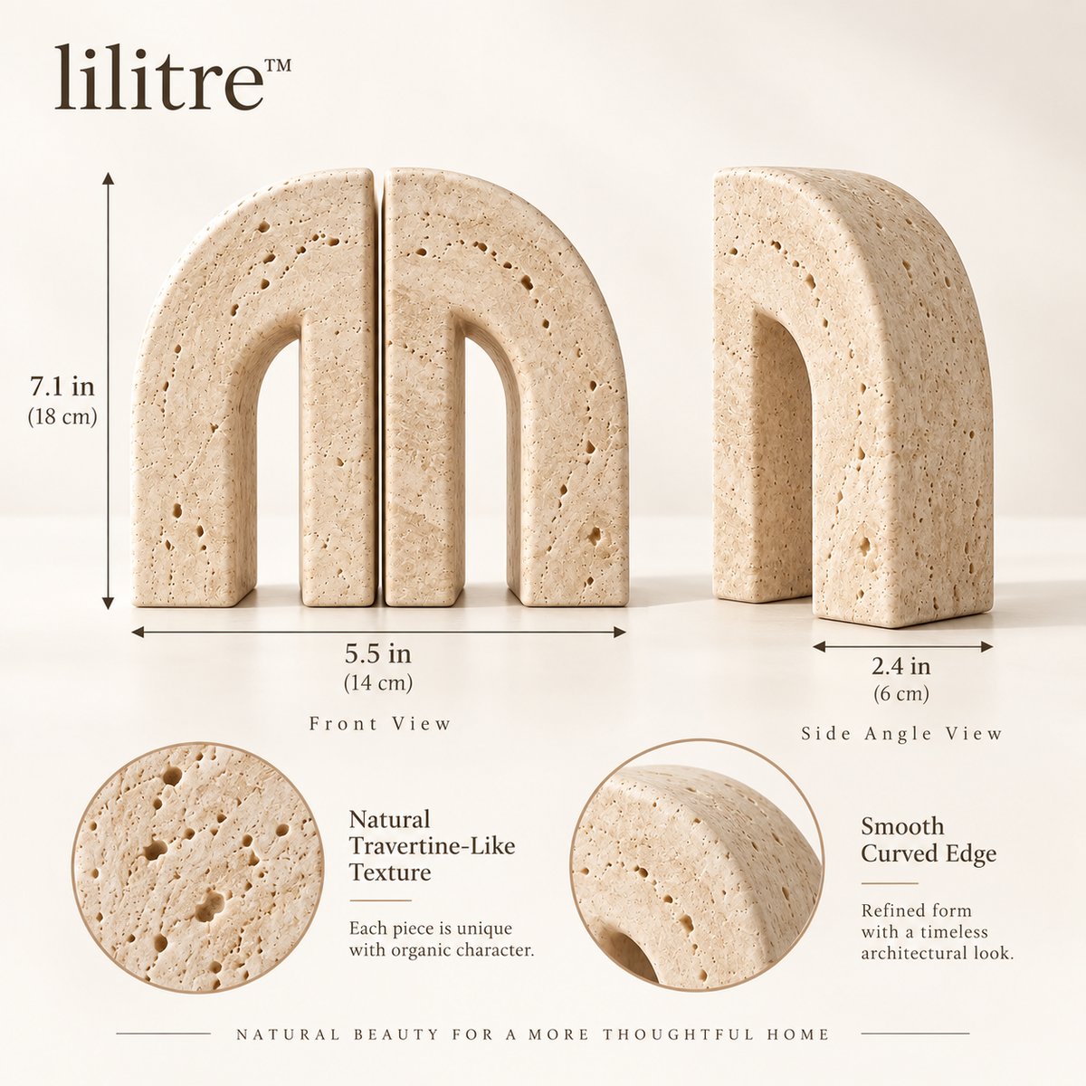 lilitre™ Sculptural Travertine Arch Bookends Set – Decorative Stone-Look Book Supports - Dimensions image