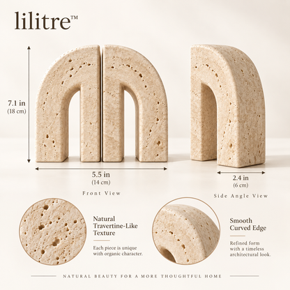 lilitre™ Sculptural Travertine Arch Bookends Set – Decorative Stone-Look Book Supports - Dimensions image