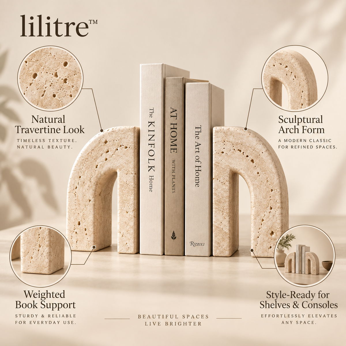 lilitre™ Sculptural Travertine Arch Bookends Set – Decorative Stone-Look Book Supports - Features image