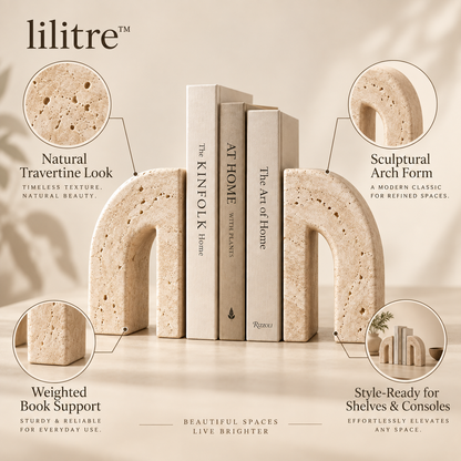 lilitre™ Sculptural Travertine Arch Bookends Set – Decorative Stone-Look Book Supports - Features image