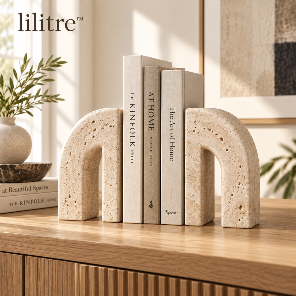 lilitre™ Sculptural Travertine Arch Bookends Set – Decorative Stone-Look Book Supports - Main product image