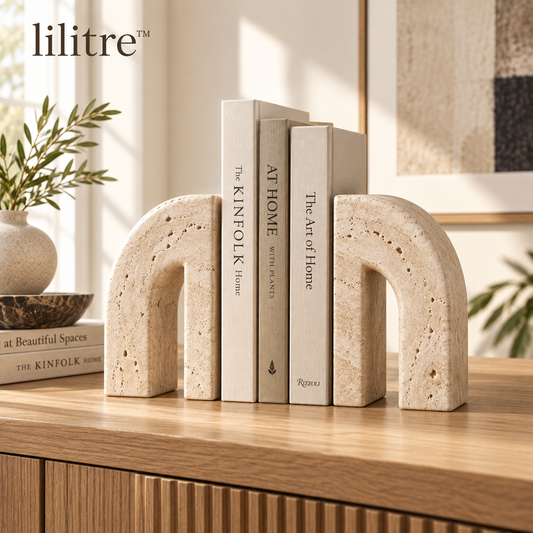 lilitre™ Sculptural Travertine Arch Bookends Set – Decorative Stone-Look Book Supports - Main product image