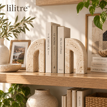 lilitre™ Sculptural Travertine Arch Bookends Set – Decorative Stone-Look Book Supports - Lifestyle scene