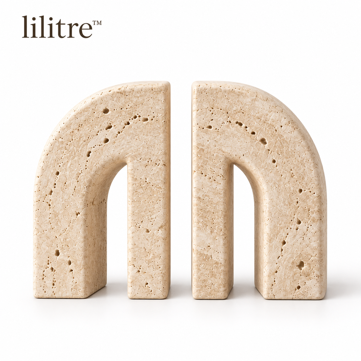 lilitre™ Sculptural Travertine Arch Bookends Set – Decorative Stone-Look Book Supports - White background image