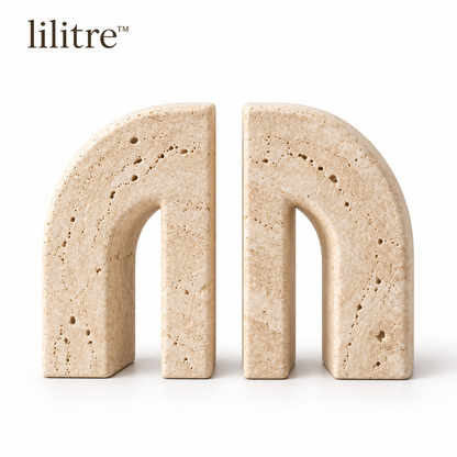 lilitre™ Sculptural Travertine Arch Bookends Set – Decorative Stone-Look Book Supports - White background image