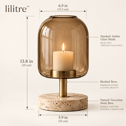 lilitre™ Smoked Amber Glass Pillar Candle Lantern with Travertine Base & Brushed Brass Stand - Dimensions image