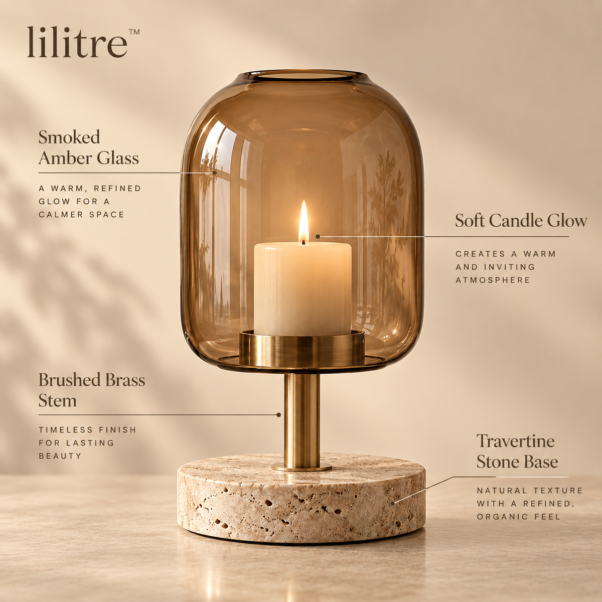 lilitre™ Smoked Amber Glass Pillar Candle Lantern with Travertine Base & Brushed Brass Stand - Features image