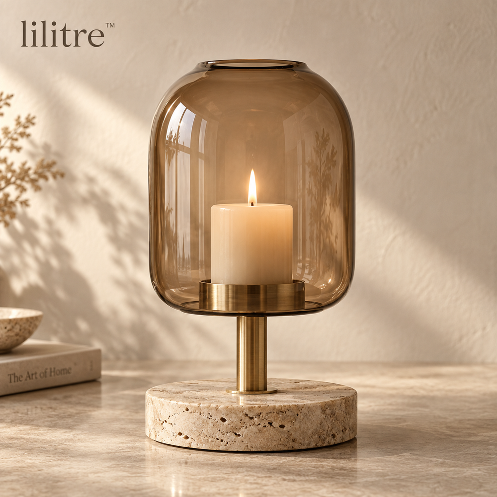 lilitre™ Smoked Amber Glass Pillar Candle Lantern with Travertine Base & Brushed Brass Stand - Main product image