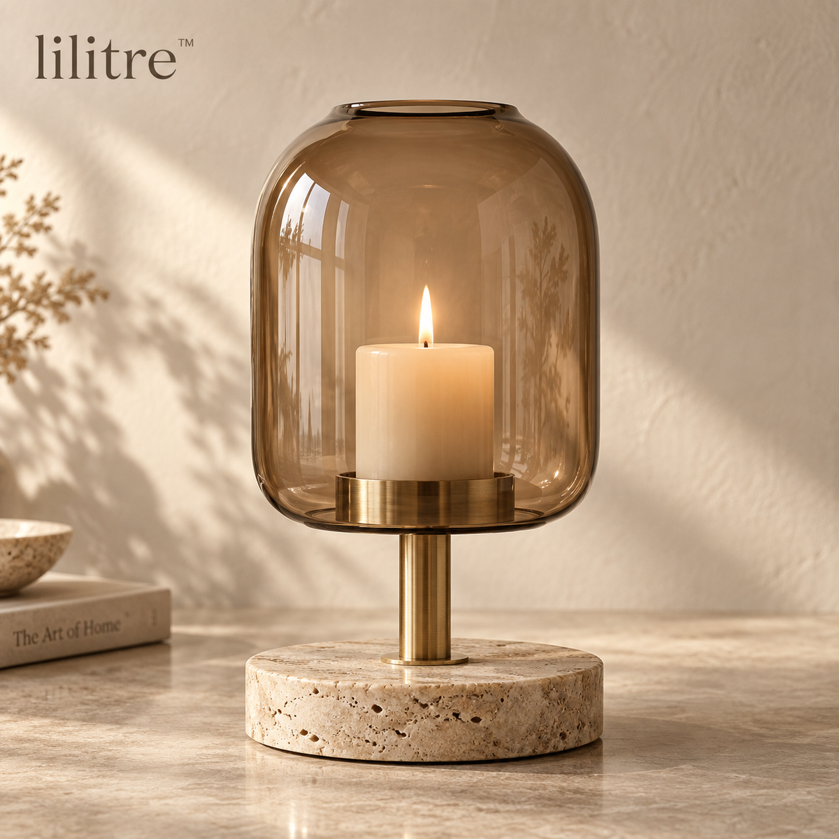lilitre™ Smoked Amber Glass Pillar Candle Lantern with Travertine Base & Brushed Brass Stand - Main product image
