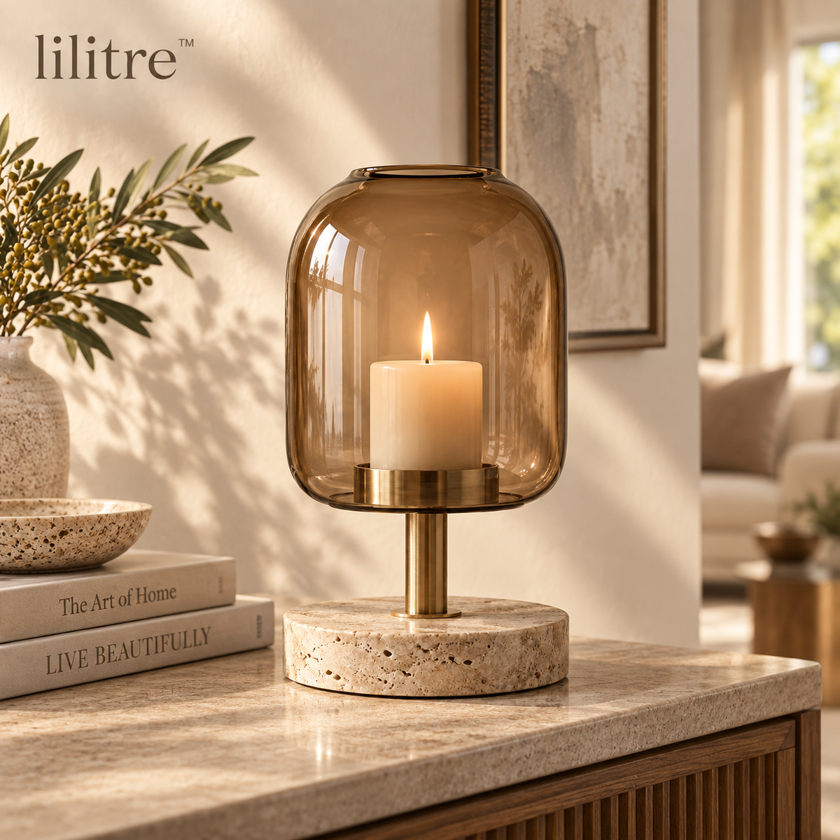 lilitre™ Smoked Amber Glass Pillar Candle Lantern with Travertine Base & Brushed Brass Stand - Lifestyle scene