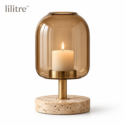 lilitre™ Smoked Amber Glass Pillar Candle Lantern with Travertine Base & Brushed Brass Stand - White background image