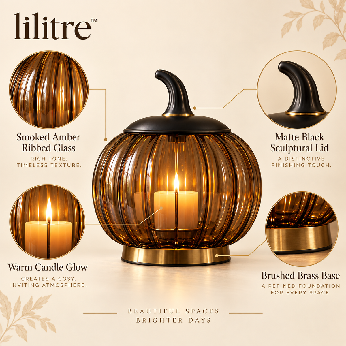 lilitre™ Smoked Amber Pumpkin Glass Candle Lantern - Features image