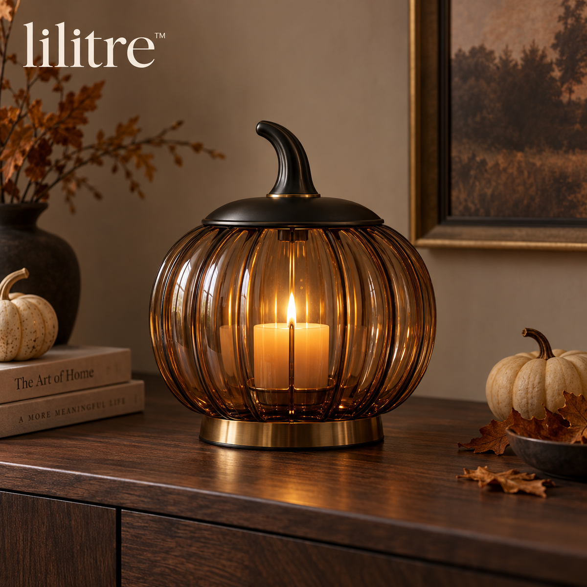 lilitre™ Smoked Amber Pumpkin Glass Candle Lantern - Main product image