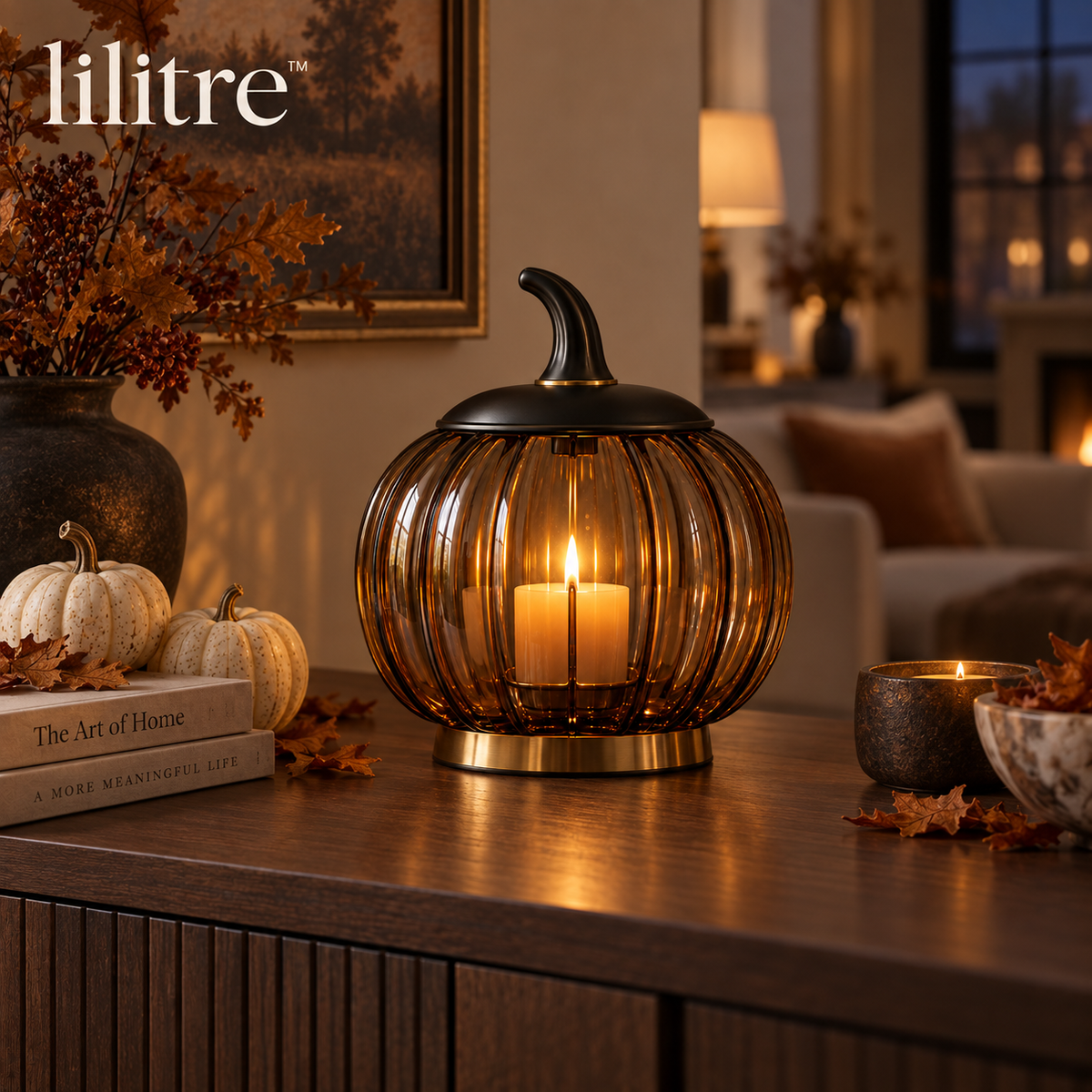lilitre™ Smoked Amber Pumpkin Glass Candle Lantern - Lifestyle scene