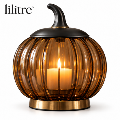 lilitre™ Smoked Amber Pumpkin Glass Candle Lantern - White background image