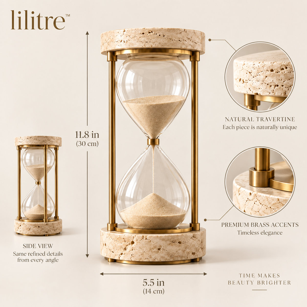 lilitre™ Travertine & Brushed Brass Hourglass Sculpture - Dimensions image