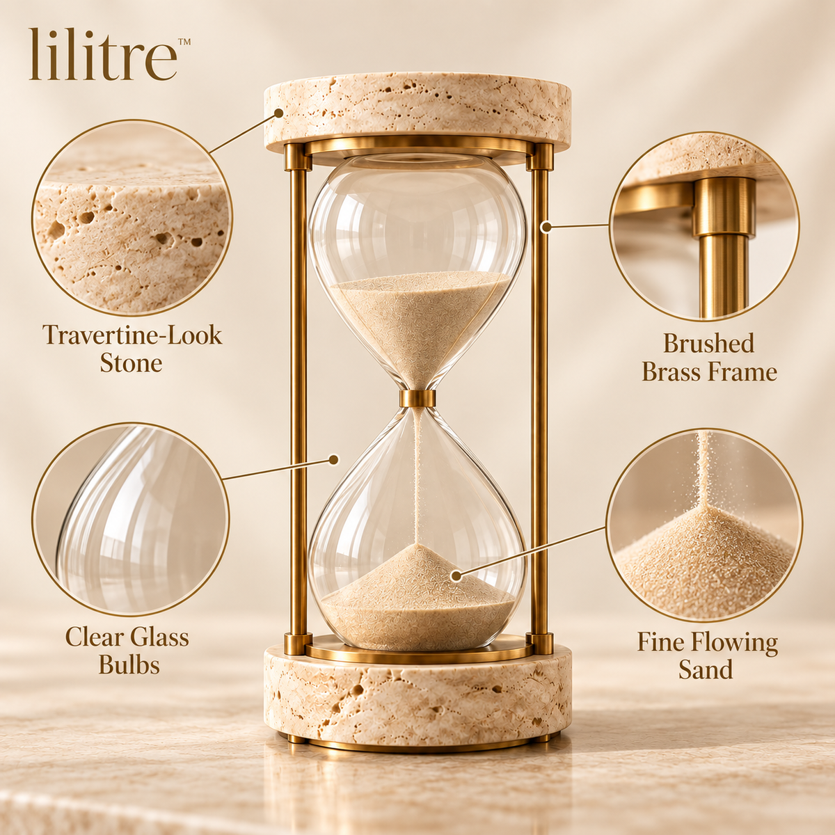 lilitre™ Travertine & Brushed Brass Hourglass Sculpture - Features image