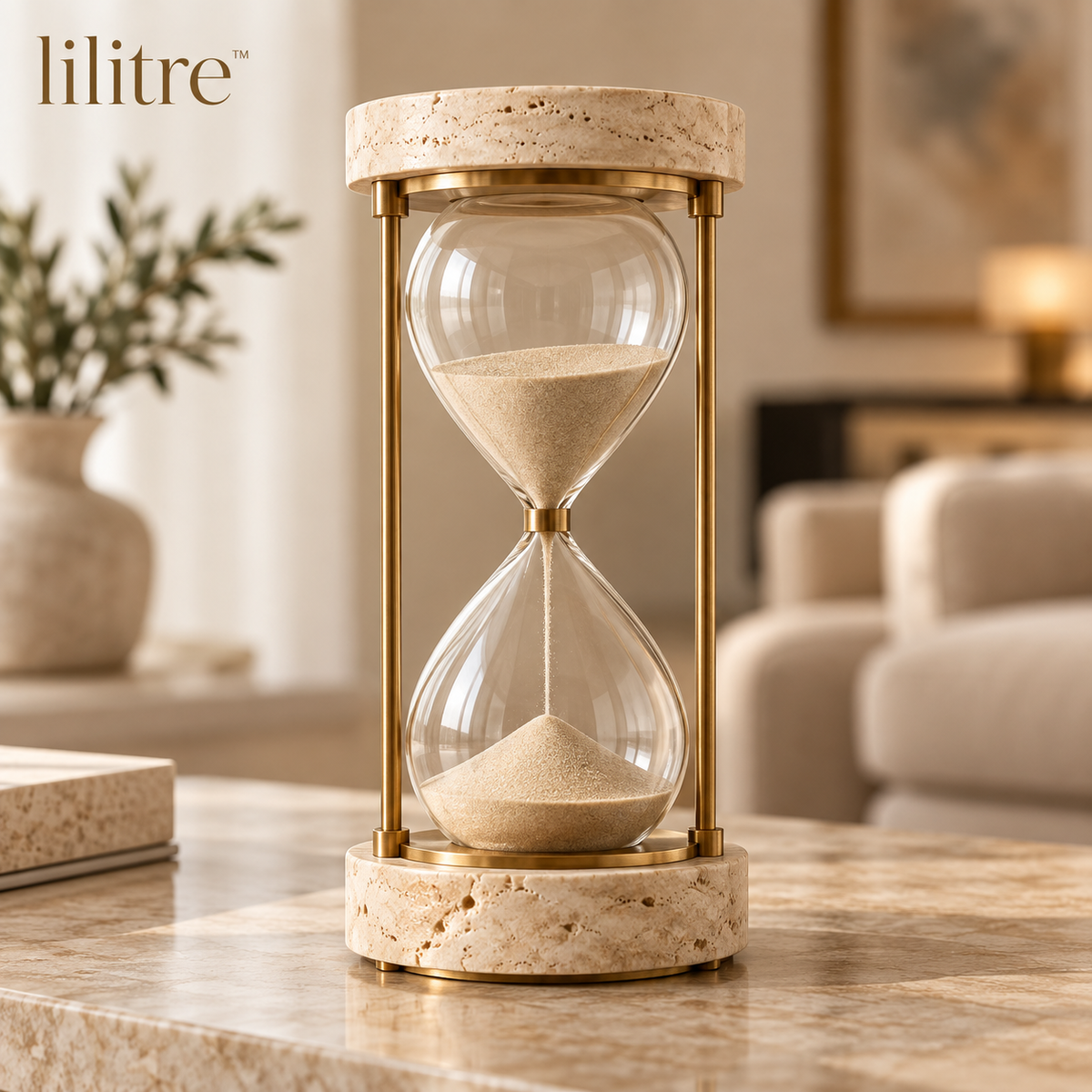 lilitre™ Travertine & Brushed Brass Hourglass Sculpture - Main product image