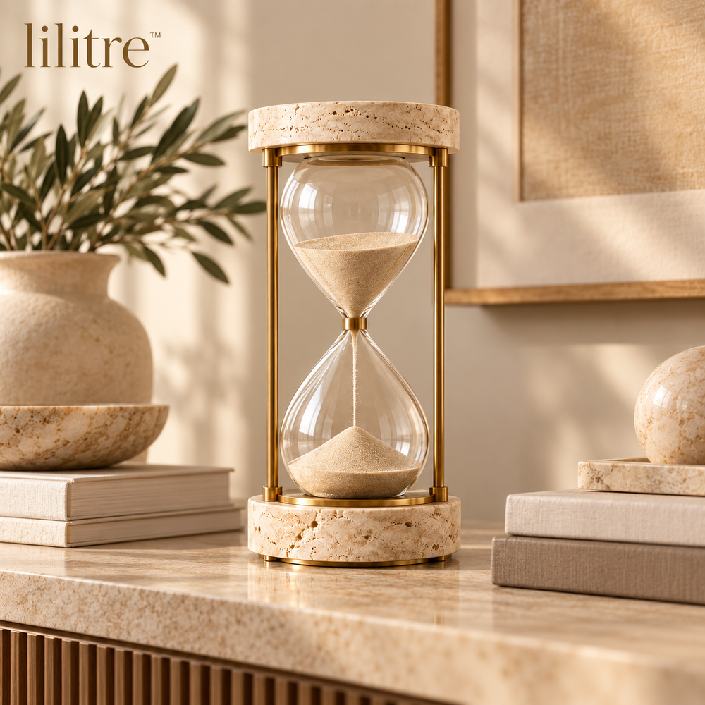 lilitre™ Travertine & Brushed Brass Hourglass Sculpture - Lifestyle scene