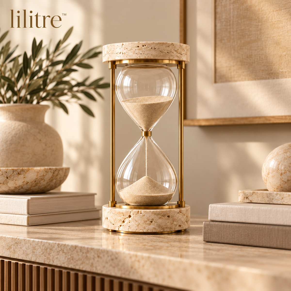 lilitre™ Travertine & Brushed Brass Hourglass Sculpture - Lifestyle scene