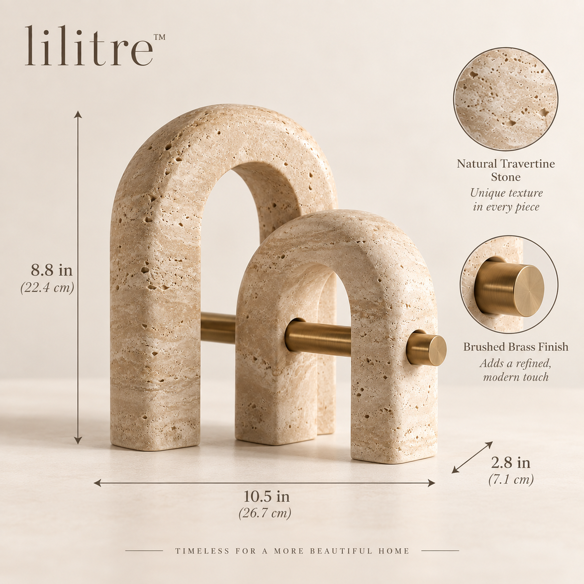 lilitre™ Sculptural Travertine Double Arch Sculpture with Brushed Brass Accent - Dimensions image