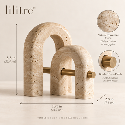 lilitre™ Sculptural Travertine Double Arch Sculpture with Brushed Brass Accent - Dimensions image