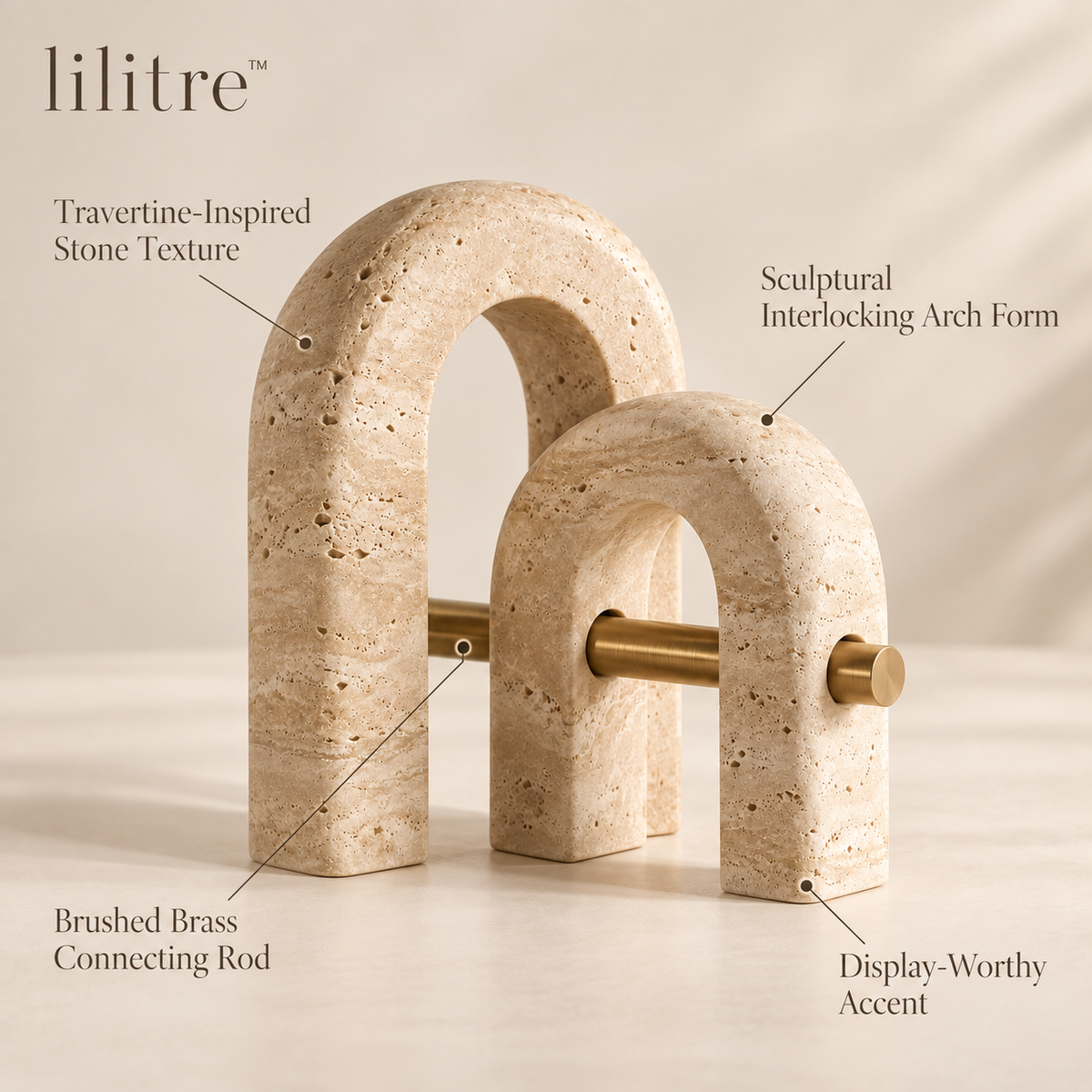lilitre™ Sculptural Travertine Double Arch Sculpture with Brushed Brass Accent - Features image